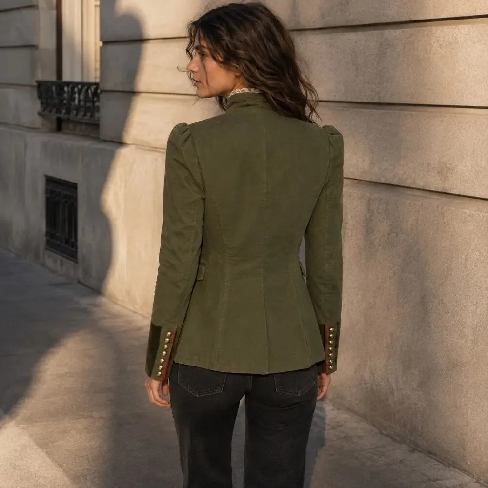 Free People Army Green Military Jacket XS Braided Trim Victorian Cotton